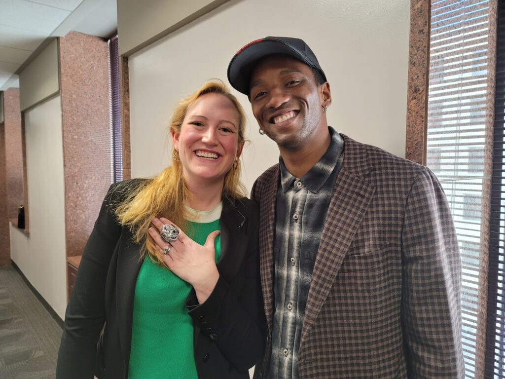 It always helps when a UGA football star supports a bill. Amy Sharma and Malcom Mitchell after the HR 650 Committee Hearing.